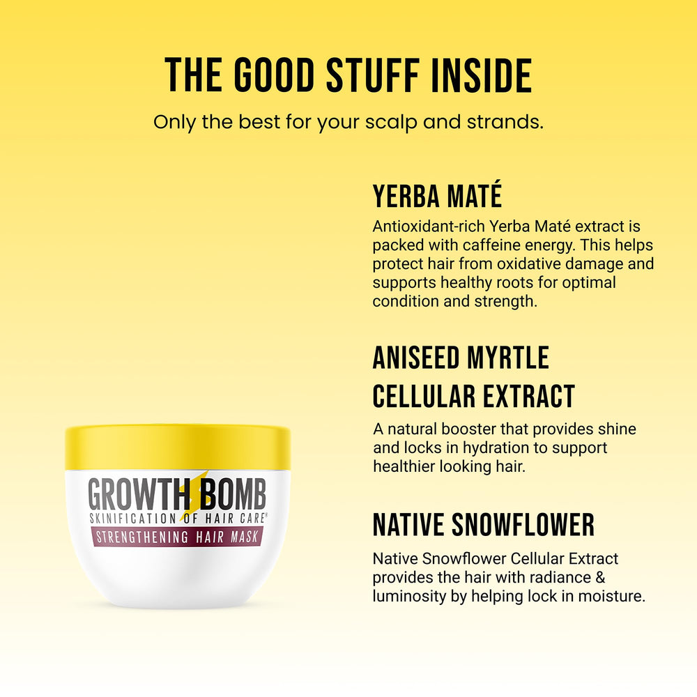 Jar of GROWTH BOMB Strengthening Hair Mask highlighting rich conditioning