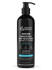 Growth Essence Minoxidil Biotin Shampoo bottle closeup for daily scalp nourishment