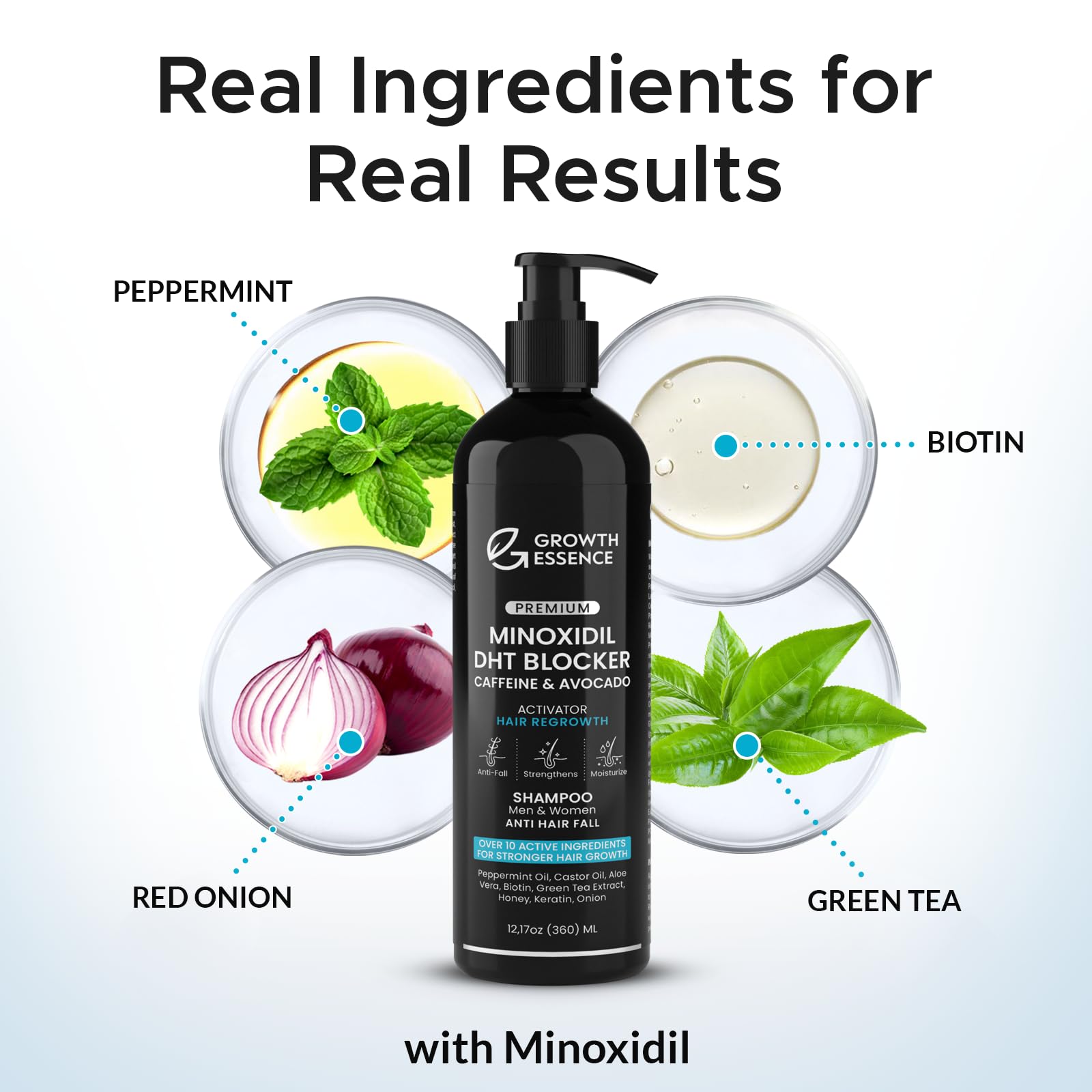 Growth Essence Minoxidil Biotin Shampoo pump-dispense for easy, even application