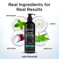 Growth Essence Minoxidil Biotin Shampoo pump-dispense for easy, even application