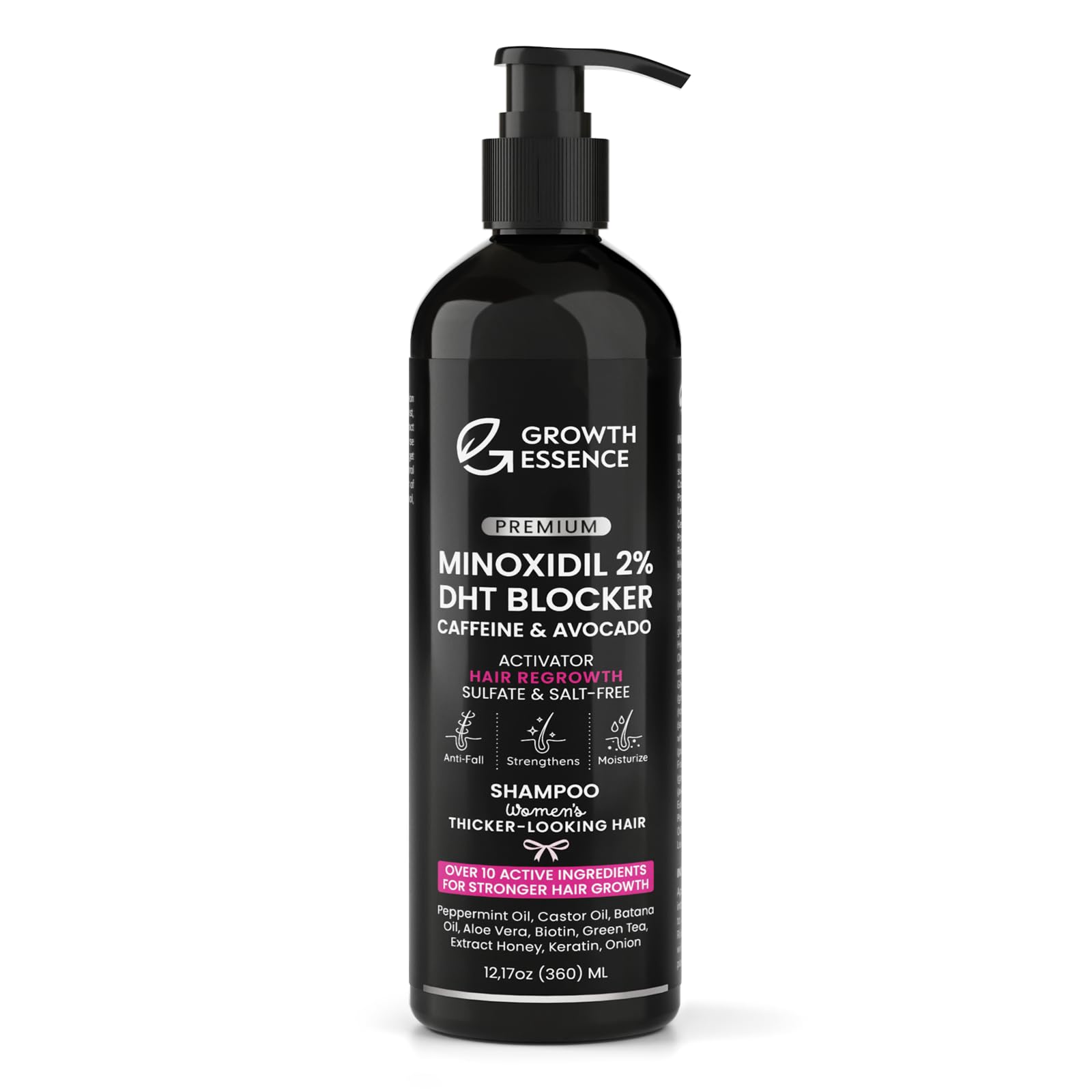 Growth Essence Minoxidil Shampoo for Women bottle showing premium packaging for daily scalp care.