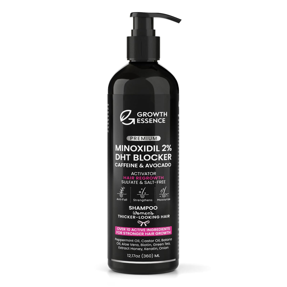 Growth Essence Minoxidil Shampoo for Women bottle showing premium packaging for daily scalp care.