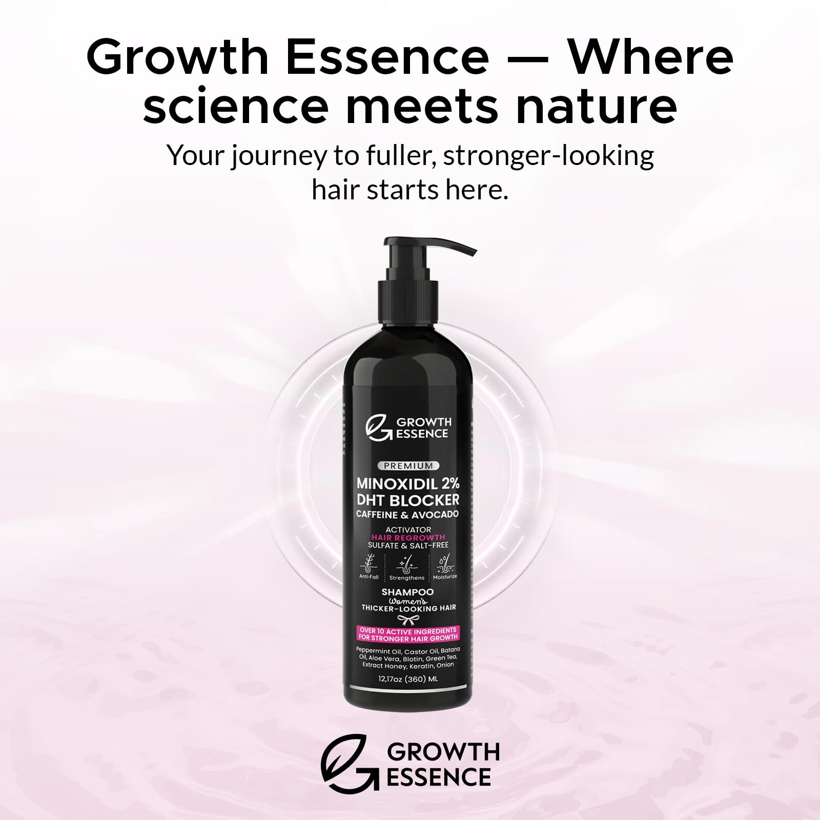 Growth Essence Minoxidil Shampoo bottle on vanity suggests a routine for healthier-looking strands.