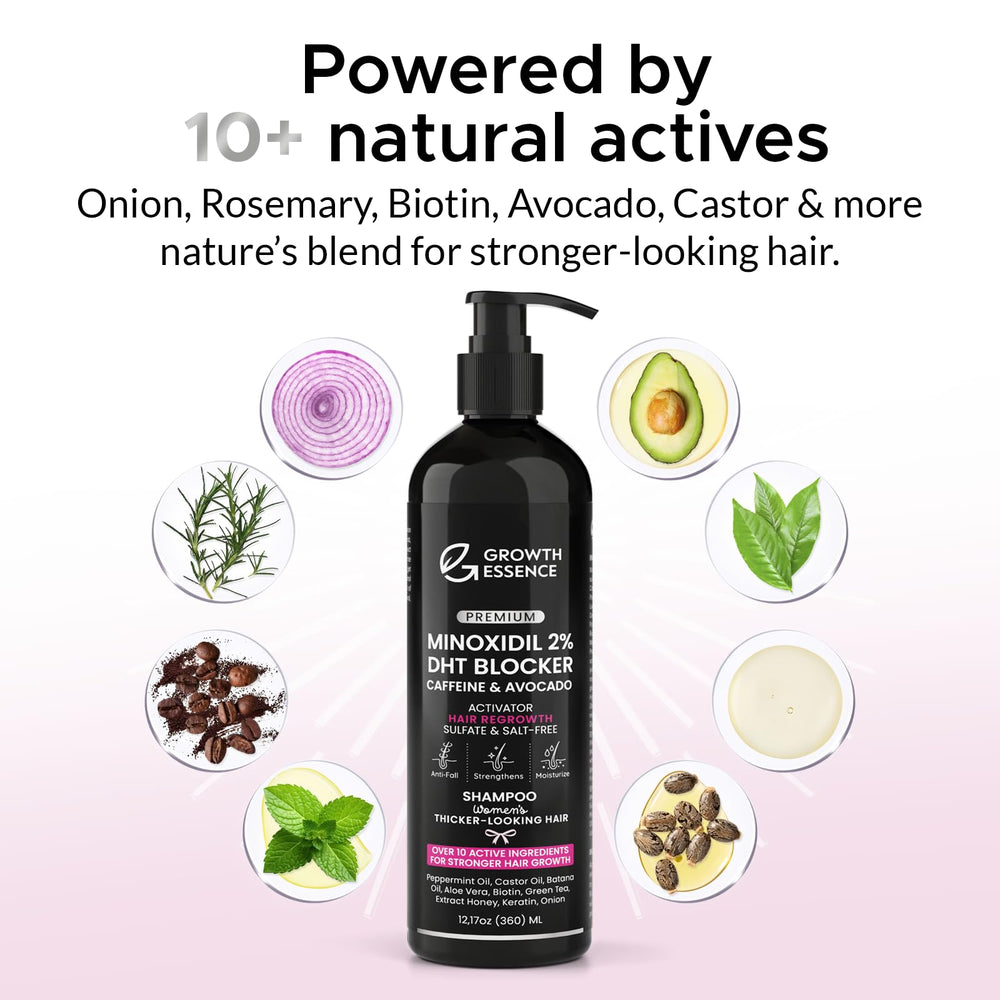 Growth Essence Minoxidil Shampoo scalp closeup suggests targeted nourishment for thinning areas.