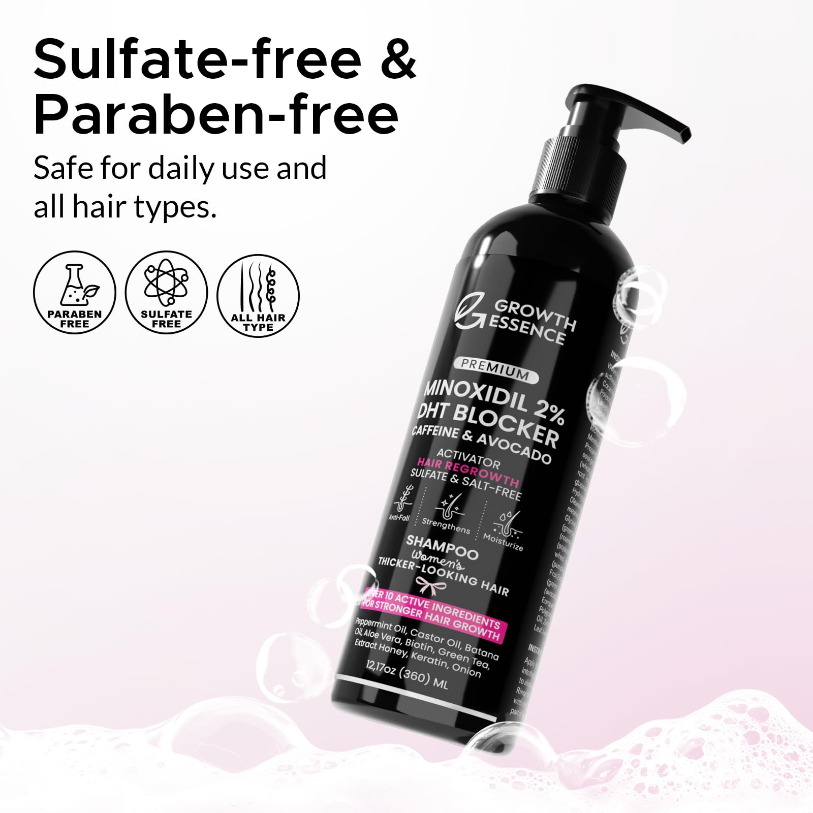 Growth Essence Minoxidil Shampoo rich foam highlights smoothness and natural shine after washing.