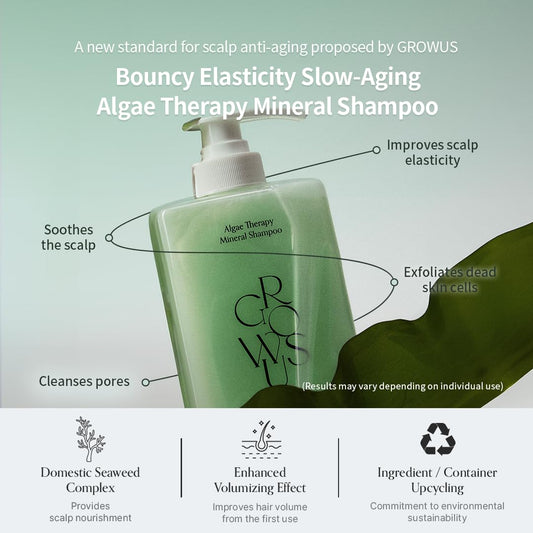 GROWUS Algae Therapy Shampoo bottle back with ingredients, ideal for daily scalp cleansing.