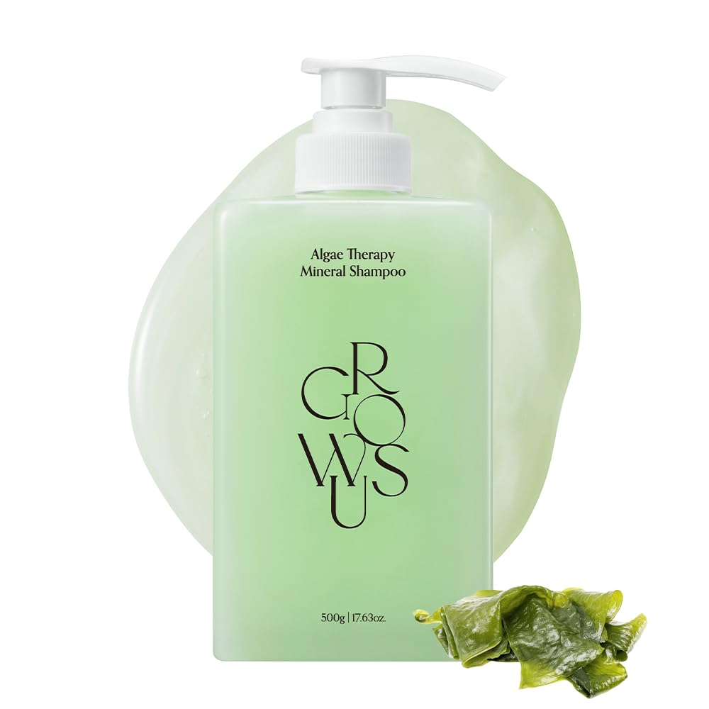 GROWUS Algae Therapy Shampoo bottle front with seaweed complex for scalp refreshment.