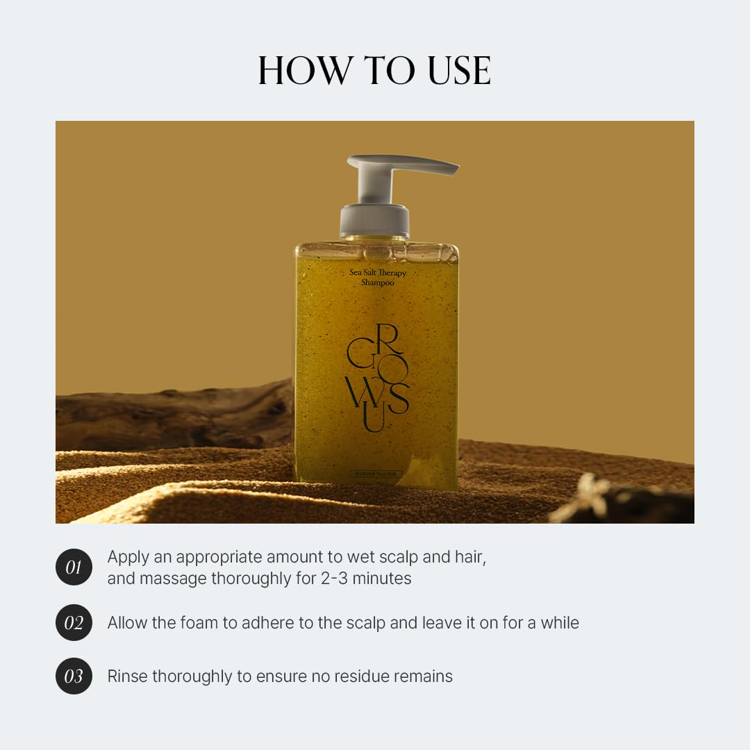 GROWUS sea salt therapy label communicates professional cosmeceutical quality for healthy hair.