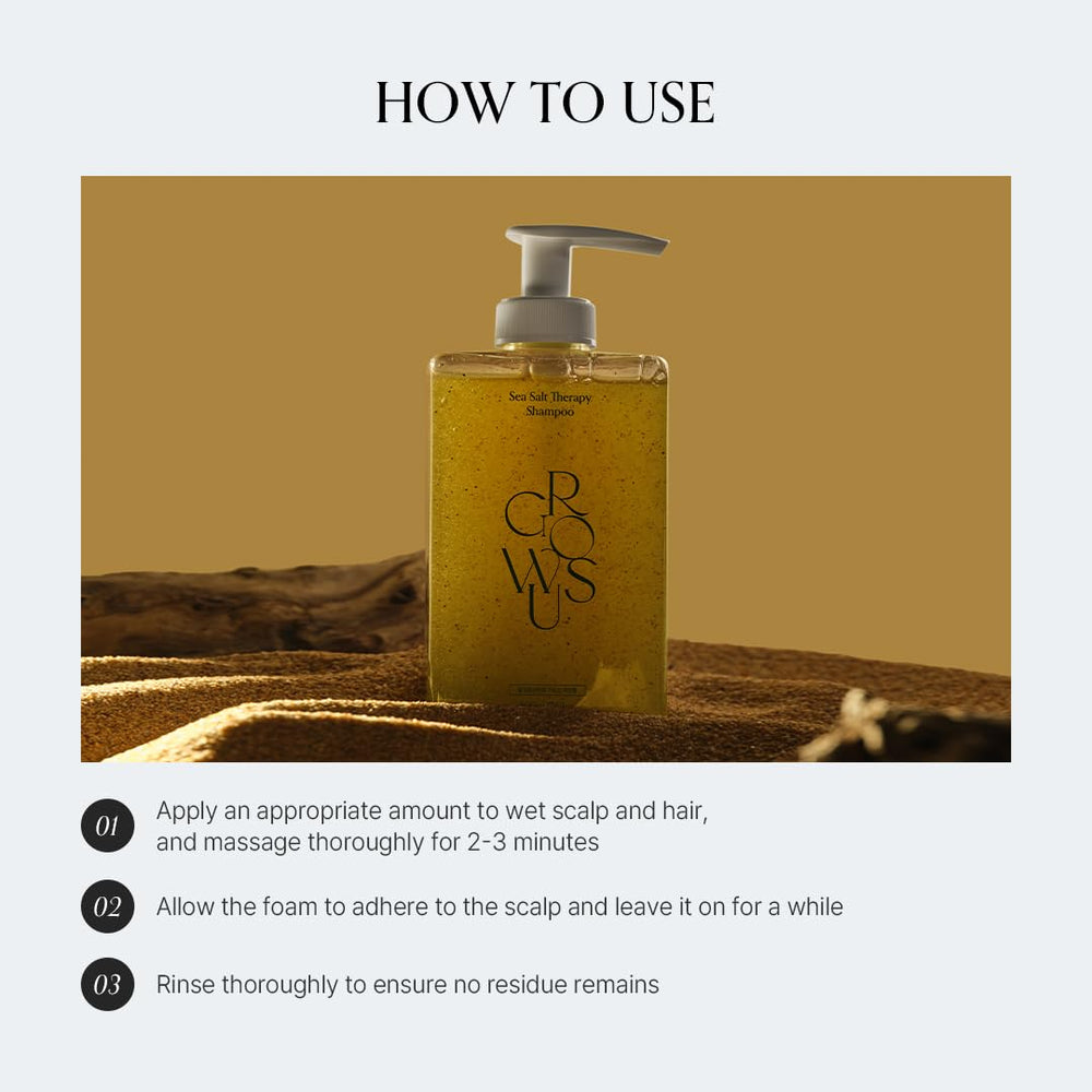 GROWUS sea salt therapy label communicates professional cosmeceutical quality for healthy hair.