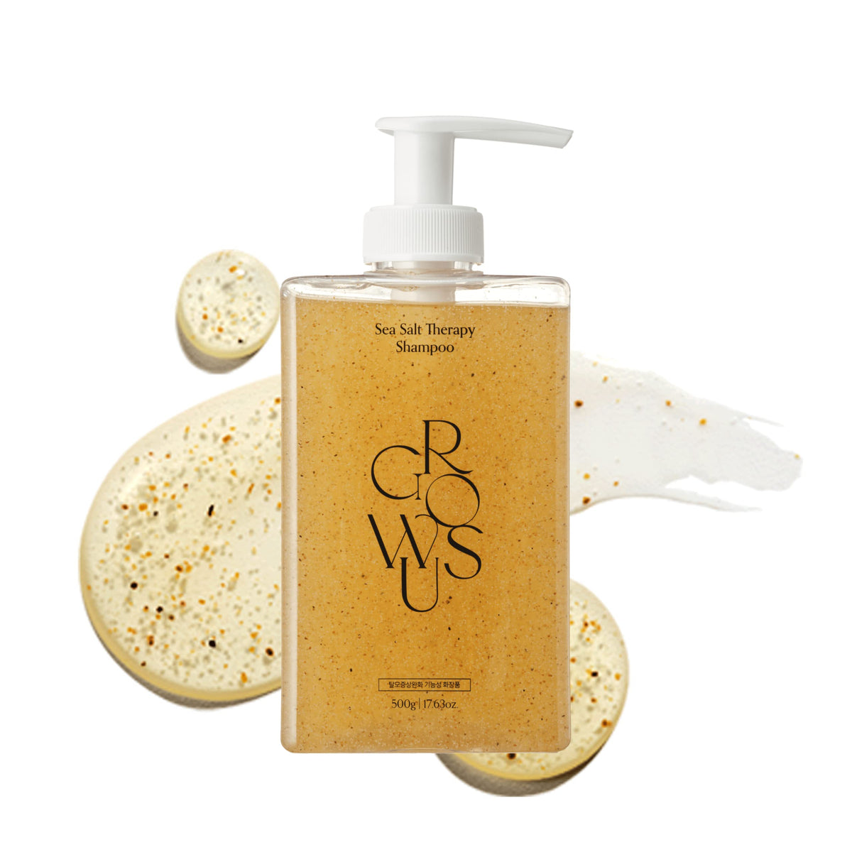 GROWUS Sea Salt Therapy Shampoo bottle shows a clarifying cleanse for buildup and oil balance.