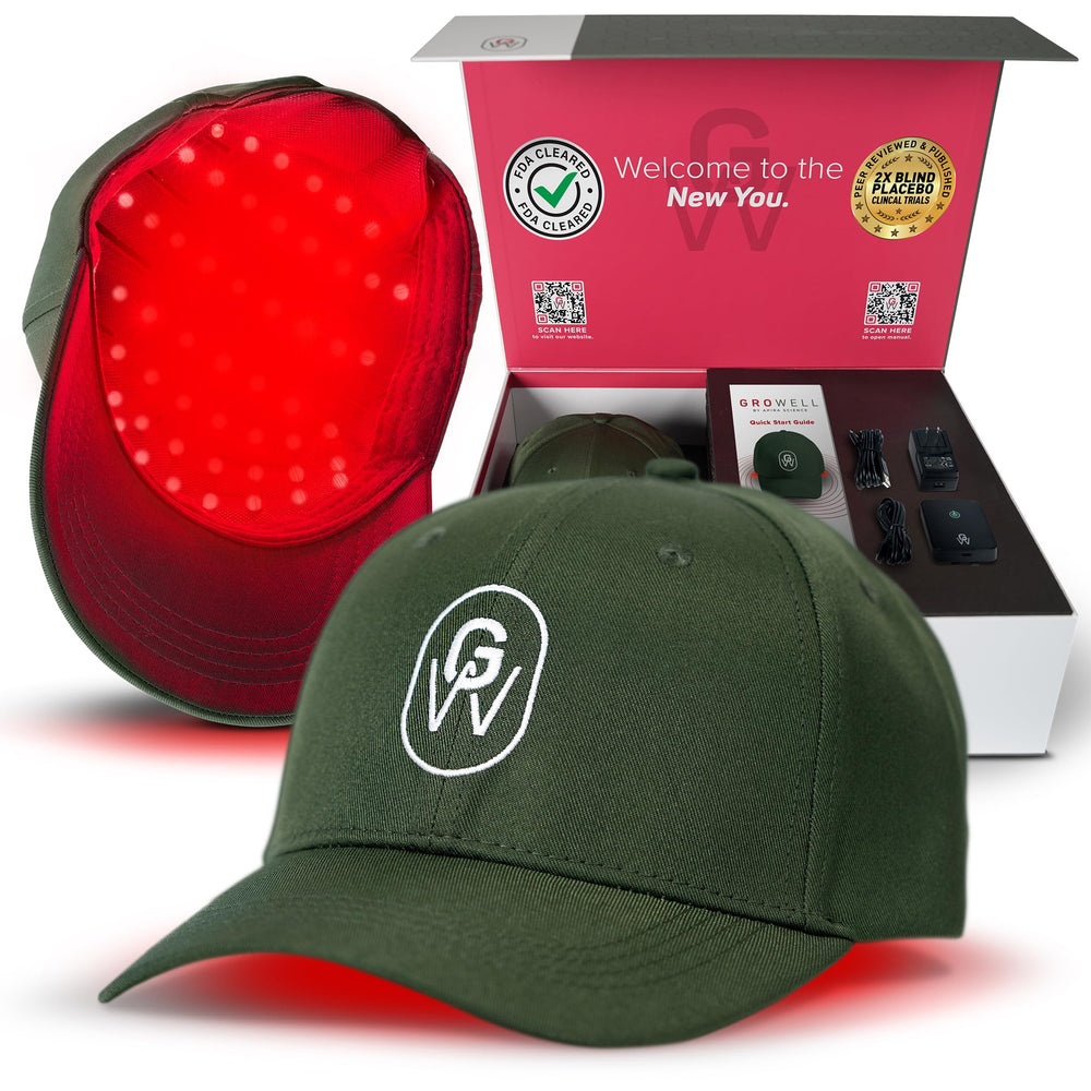 GroWell red light therapy cap on head offers discreet at-home hair regrowth potential.