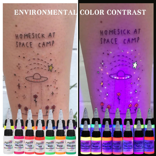 GTARTISTOO UV glow ink shown under black light to highlight fluorescence