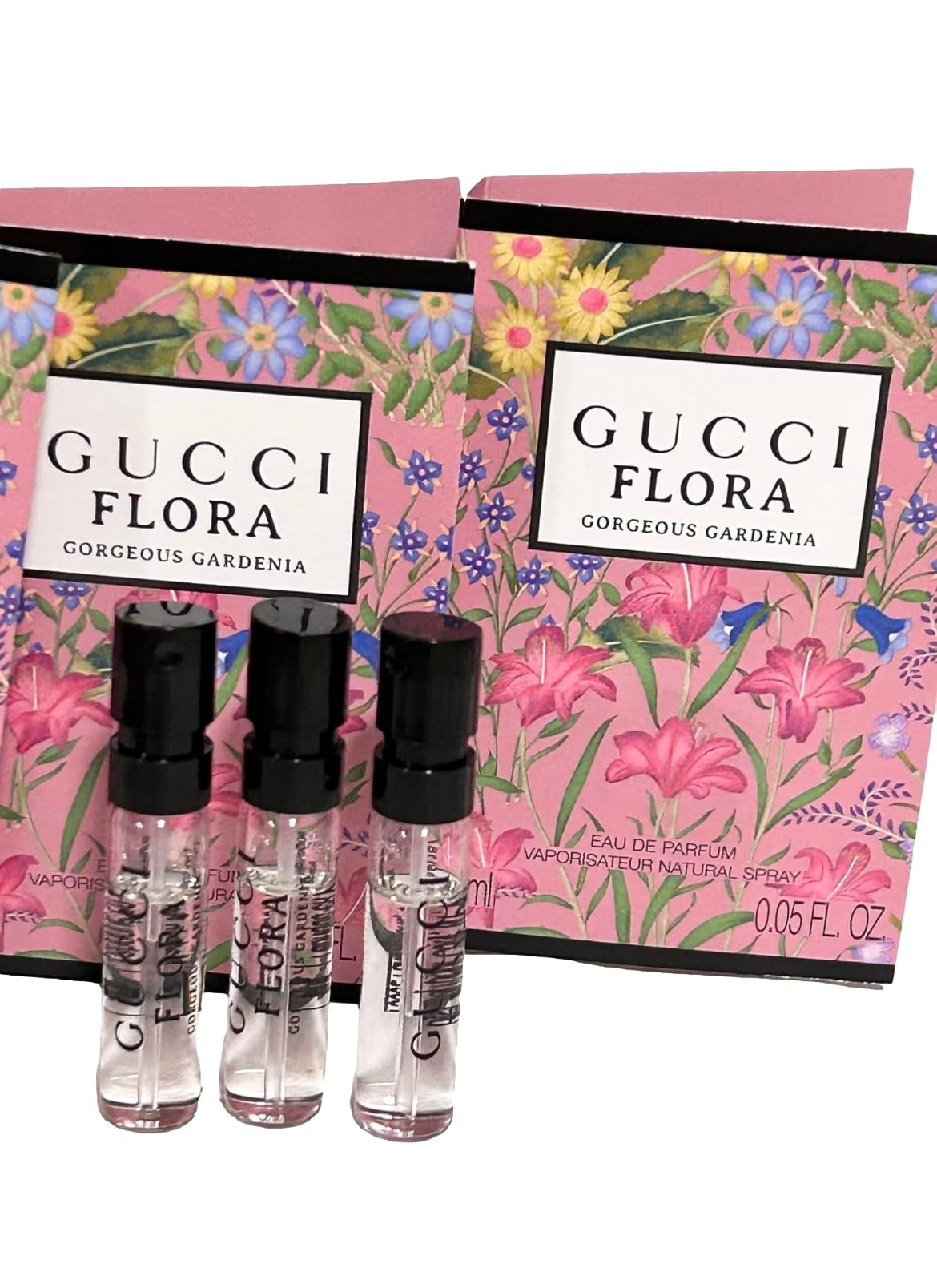 Gucci Flora Gorgeous Gardenia travel-set of three mini sprays for testing.