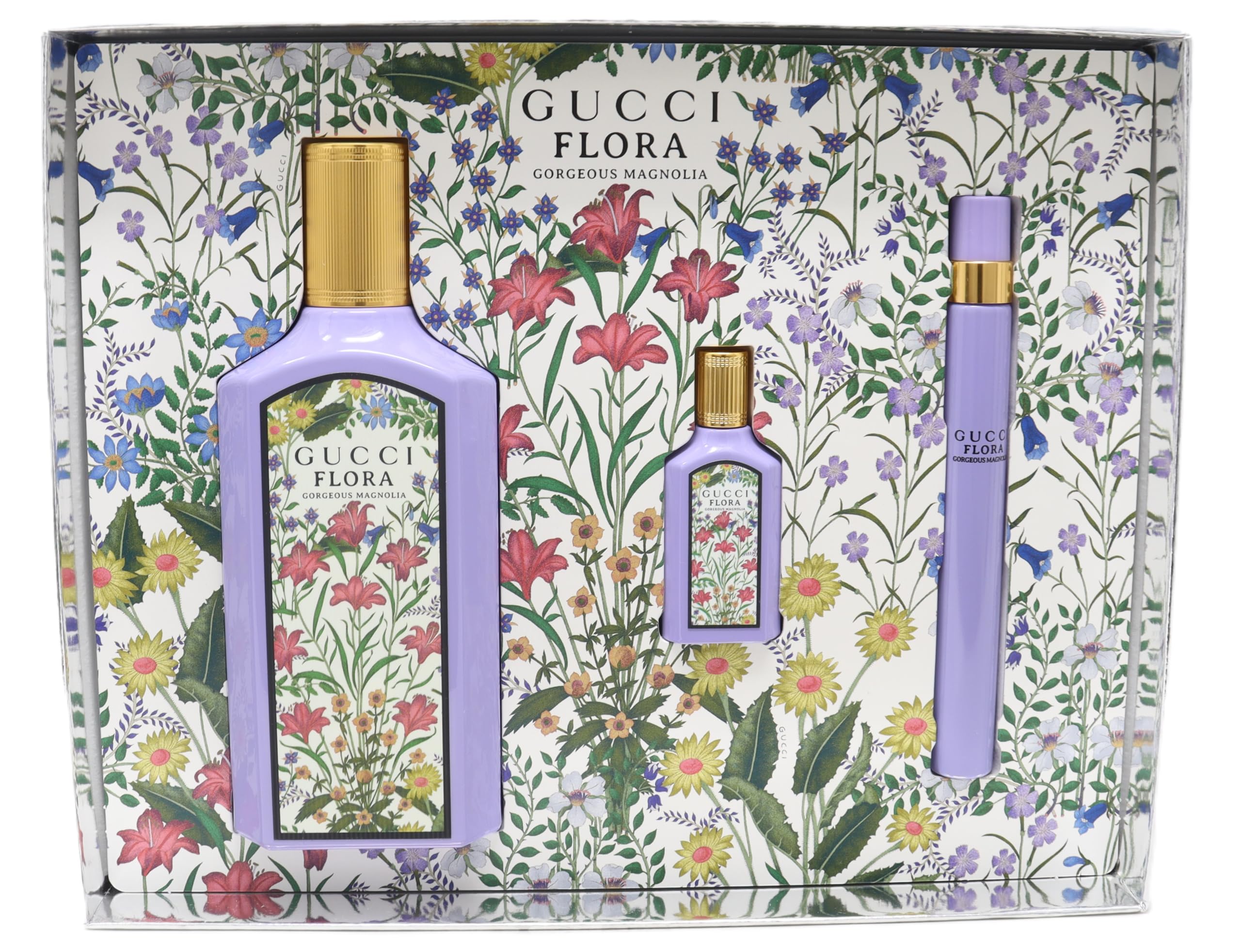 Gucci Flora Gorgeous Magnolia 100ml EDP bottle in premium hard box, ideal for gifting.