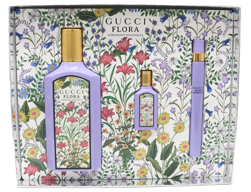 Gucci Flora Gorgeous Magnolia 100ml EDP bottle in premium hard box, ideal for gifting.