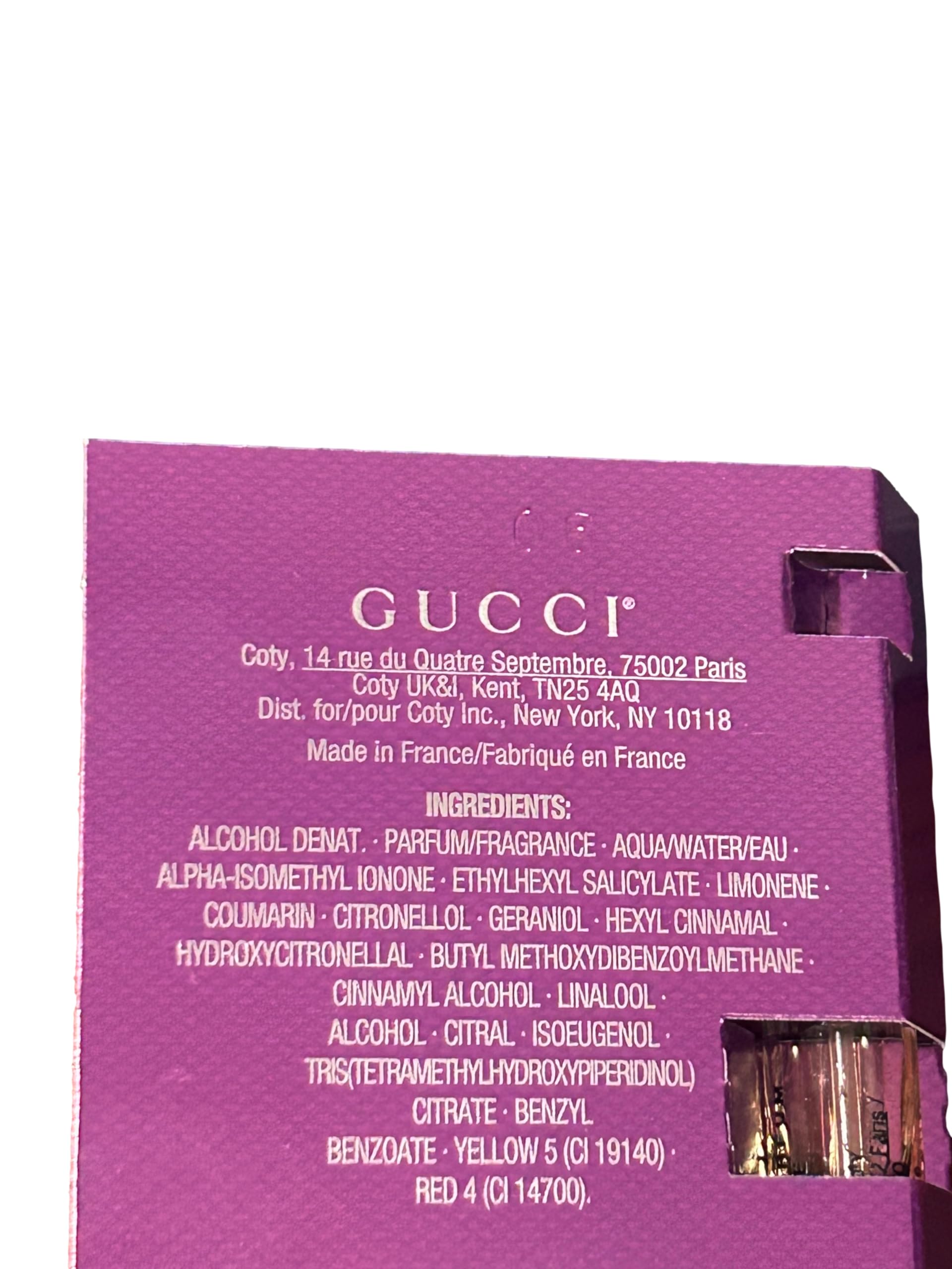 Gucci Guilty Elixir sample label closeup for branding and packaging