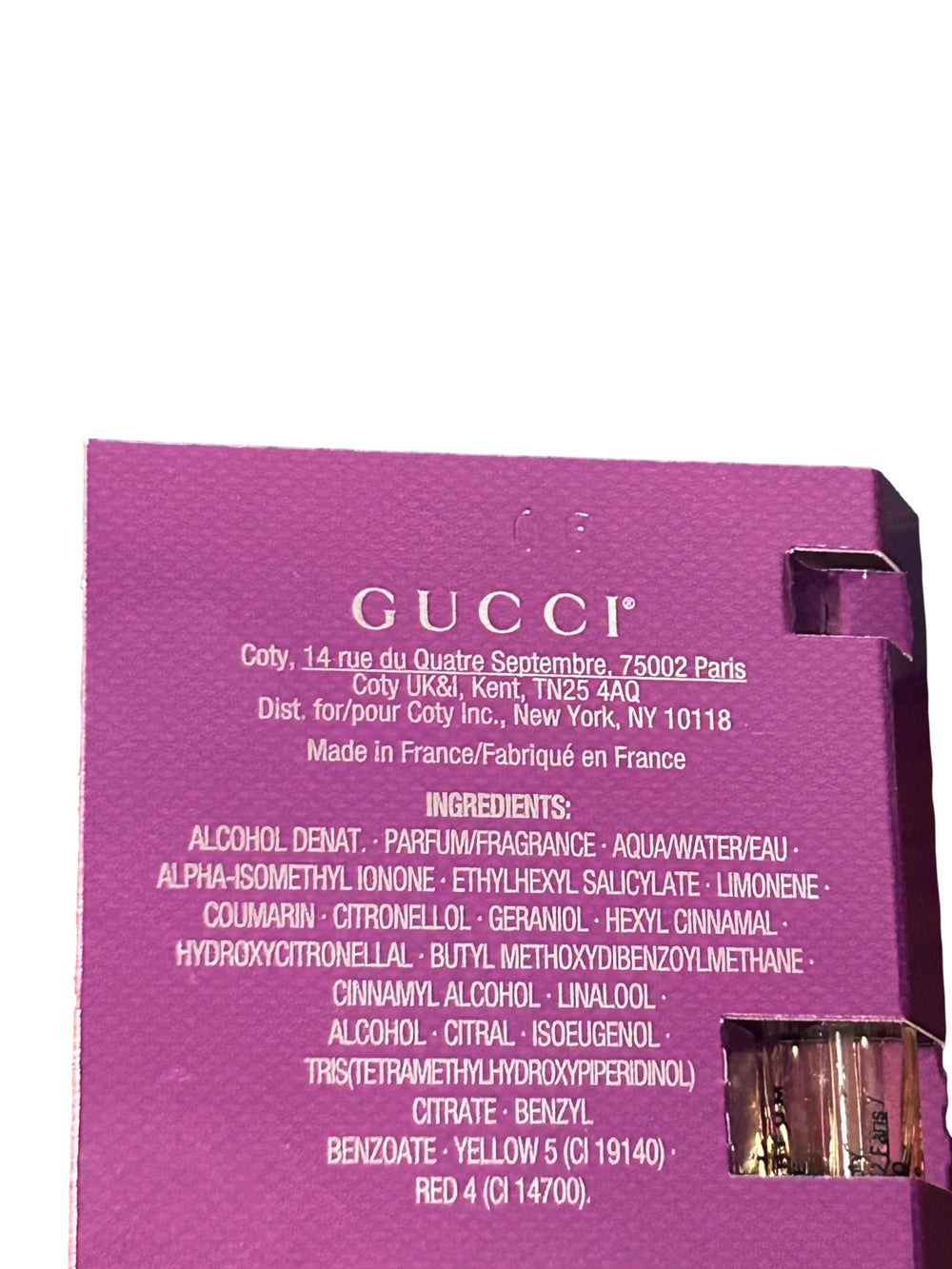 Gucci Guilty Elixir sample label closeup for branding and packaging