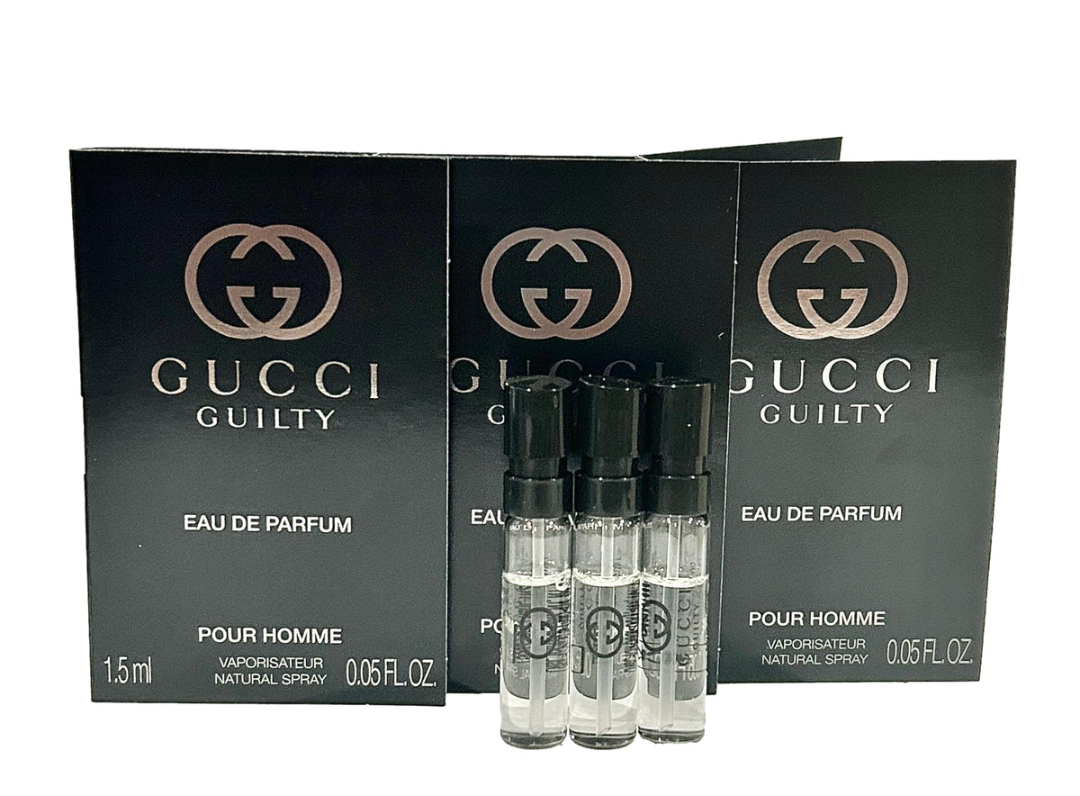 Gucci Guilty sample set with three 1.5 ml parfum vials for testing.