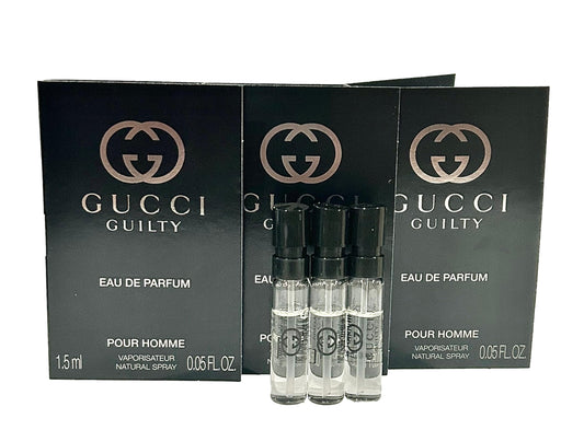 Gucci Guilty sample set with three 1.5 ml parfum vials for testing.