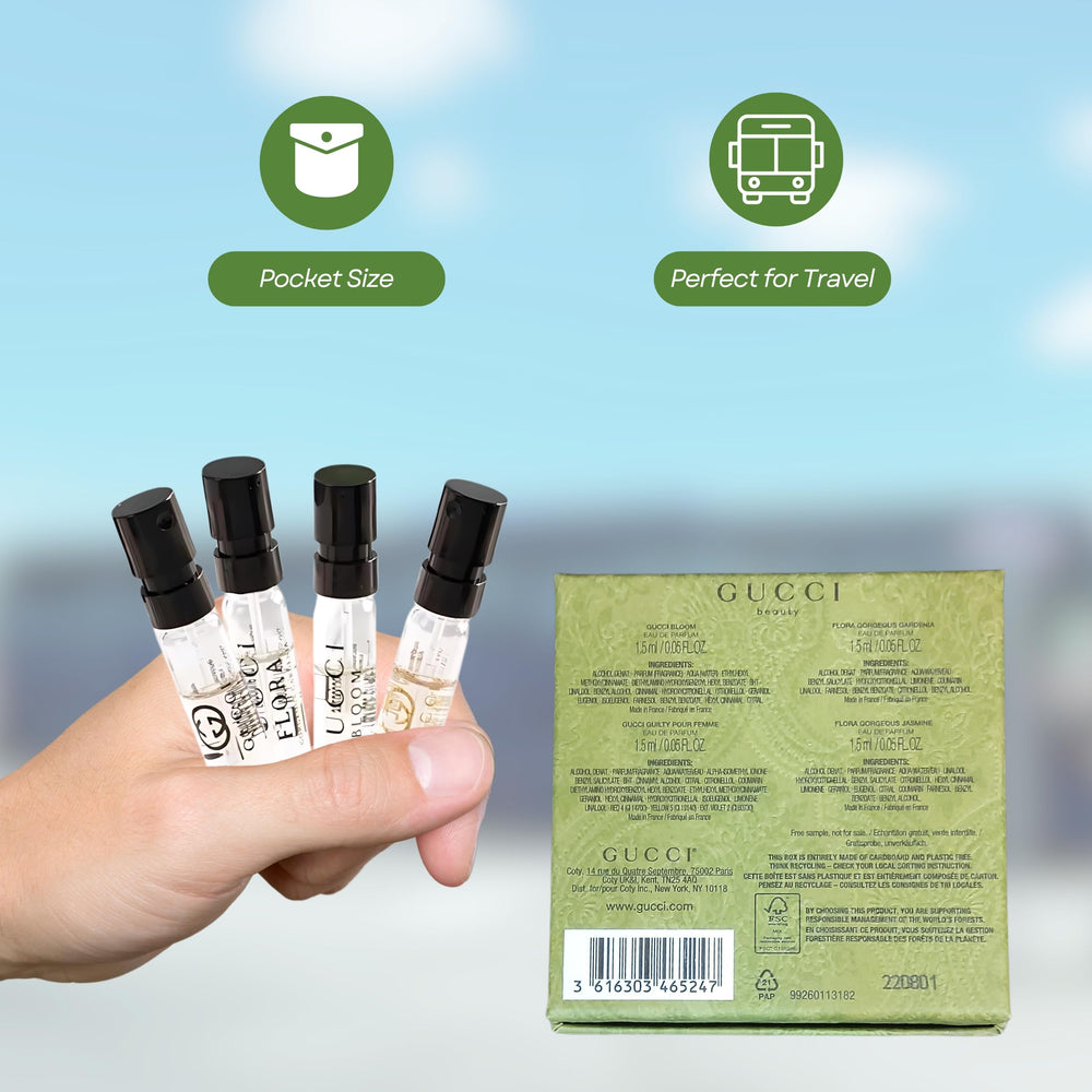 Gucci travel-size perfume set fits carry-on bags.