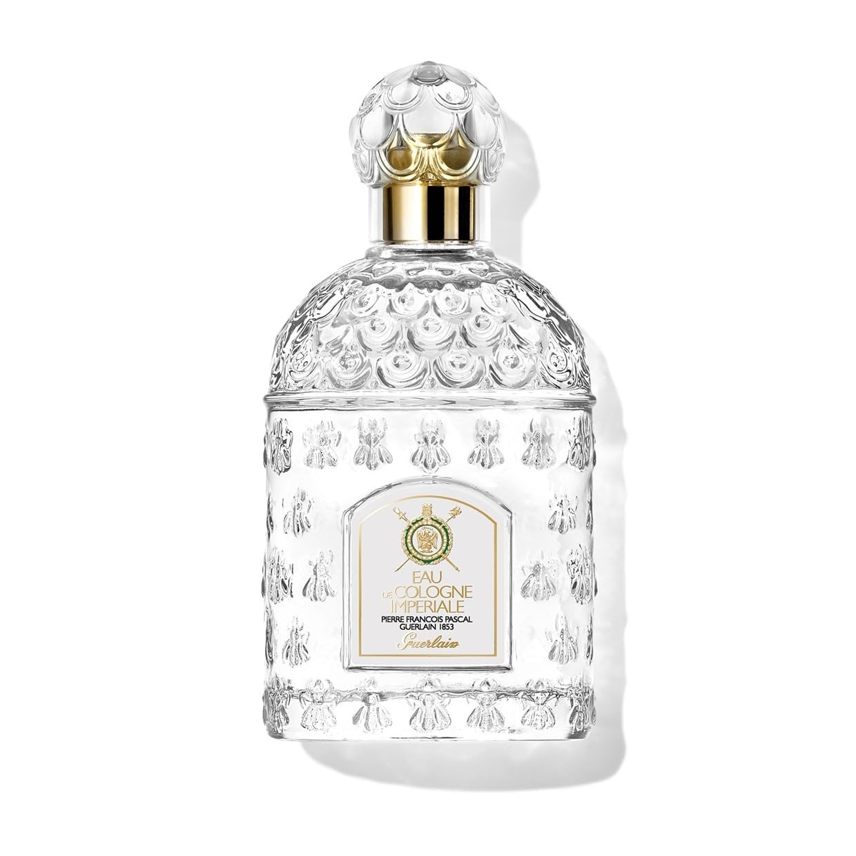 Guerlain Imperiale bottle front with elegant imperial bee motif for refined fragrance moments