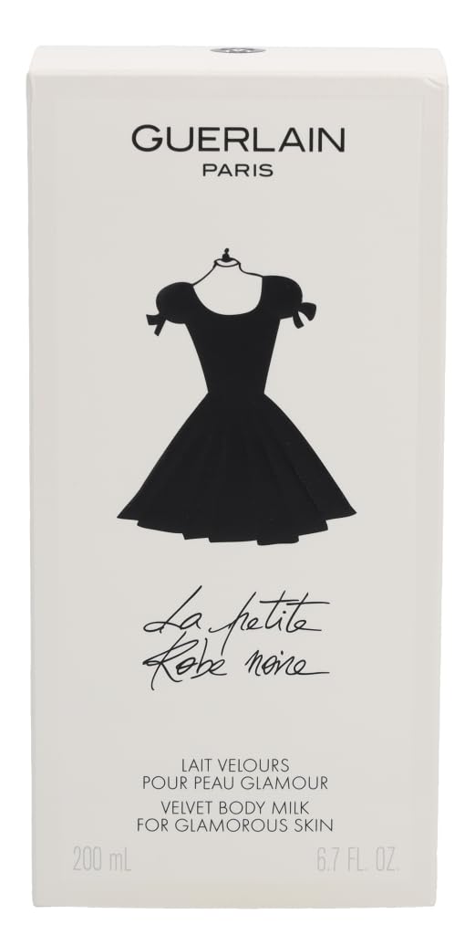 Guerlain La Petite Robe Noire Body Milk label highlighting premium fragrance and compact size.