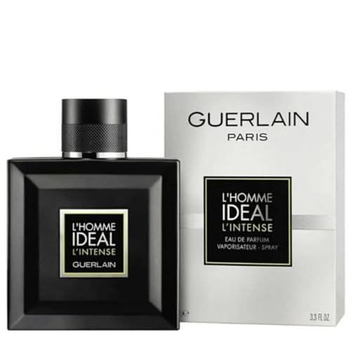 Guerlain L'Homme Idéal L'Intense bottle close-up highlights warm notes for refined daily wear.