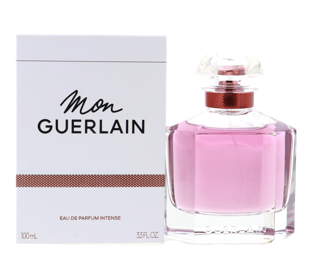 Guerlain Mon Eau de Parfum Intense bottle top close-up showcasing luxurious cap and branding.