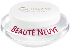 Guinot Beaute Neuve radiance cream jar close-up, showcasing smooth texture and brightening potential.