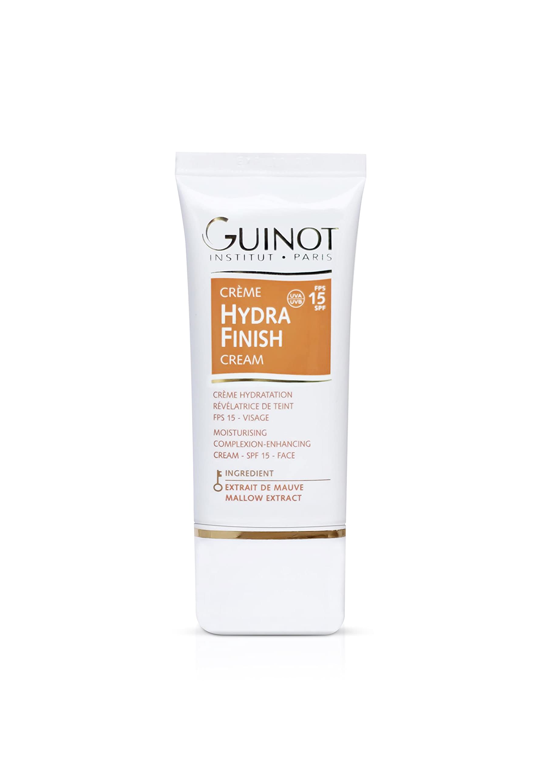 Guinot Hydra Finish SPF 15 bottle showing a dewy, hydrated glow