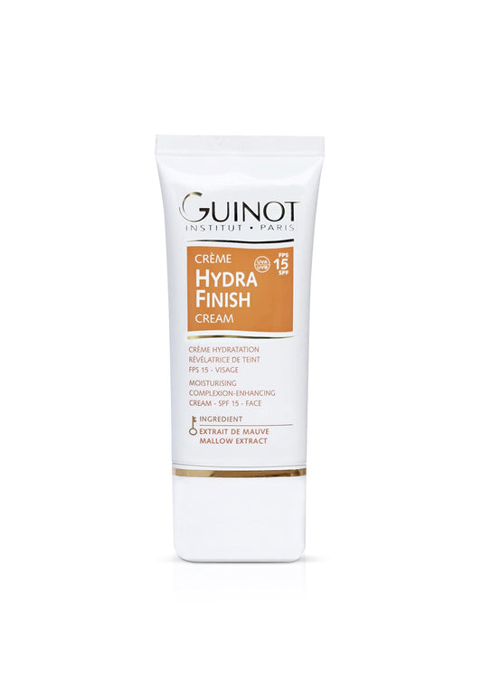 Guinot Hydra Finish SPF 15 bottle showing a dewy, hydrated glow