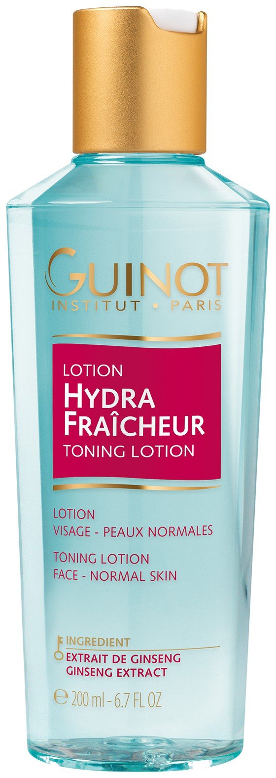 Guinot Hydra Fraicheur Toning Lotion bottle for balanced skin after cleansing.