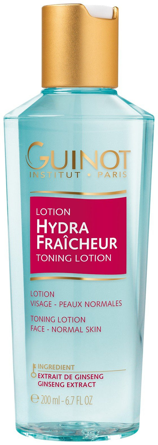 Guinot Hydra Fraicheur Toning Lotion bottle for balanced skin after cleansing.
