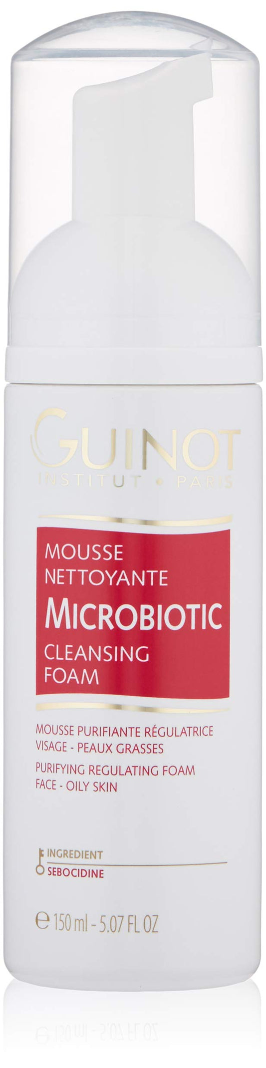 Guinot Microbiotic Cleansing Foam bottle with rich lather for deep cleansing.