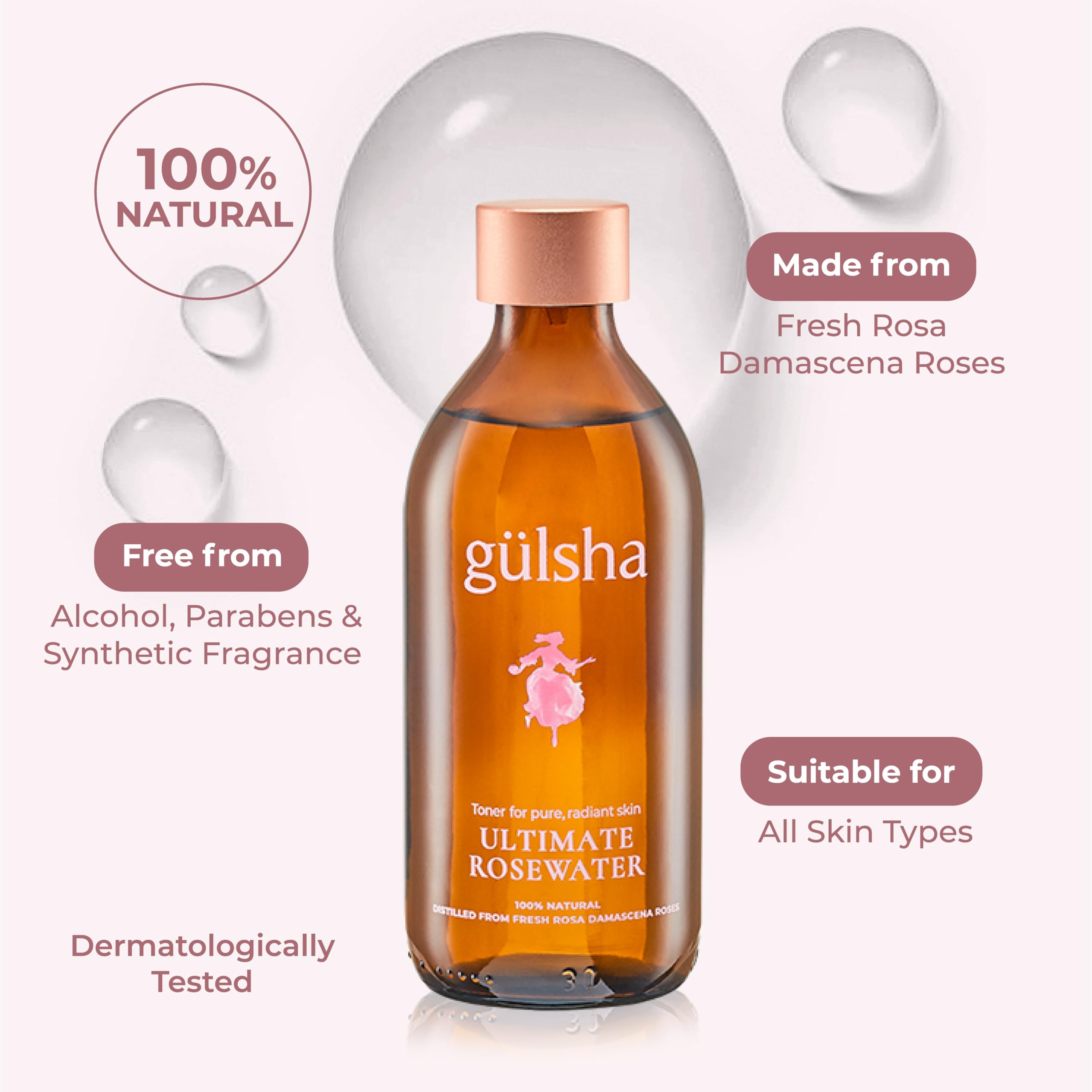 gülsha rosewater drops close-up—soothing hydration on contact.