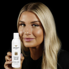 Damp skin with LEROSETT cleanser during routine