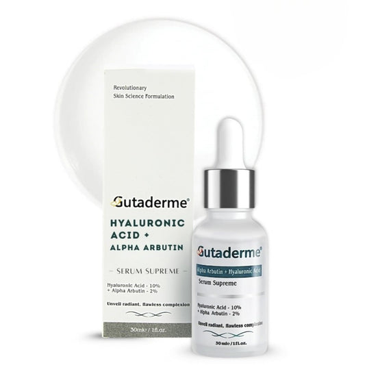 Gutaderme brightening serum bottle closeup promoting even skin tone.