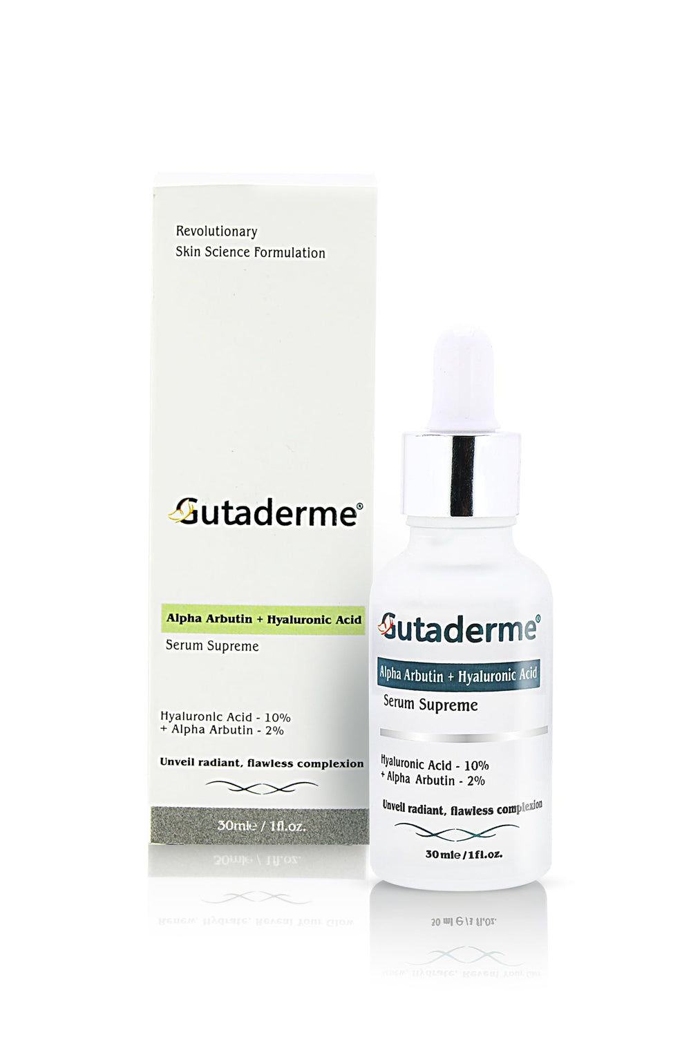Gutaderme serum dropper applying product for even skin tone and hydration.