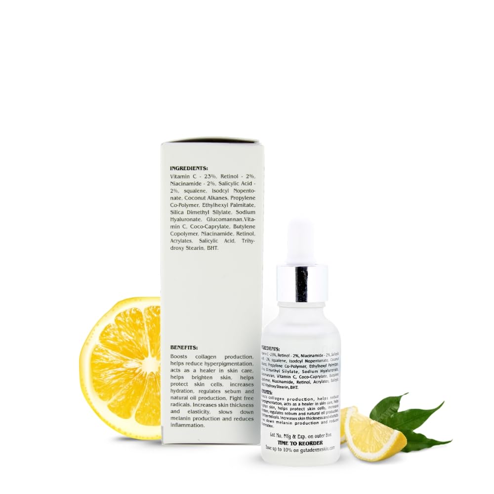 Ingredients graphic lists vitamin C, retinol, and salicylic acid for radiant results.