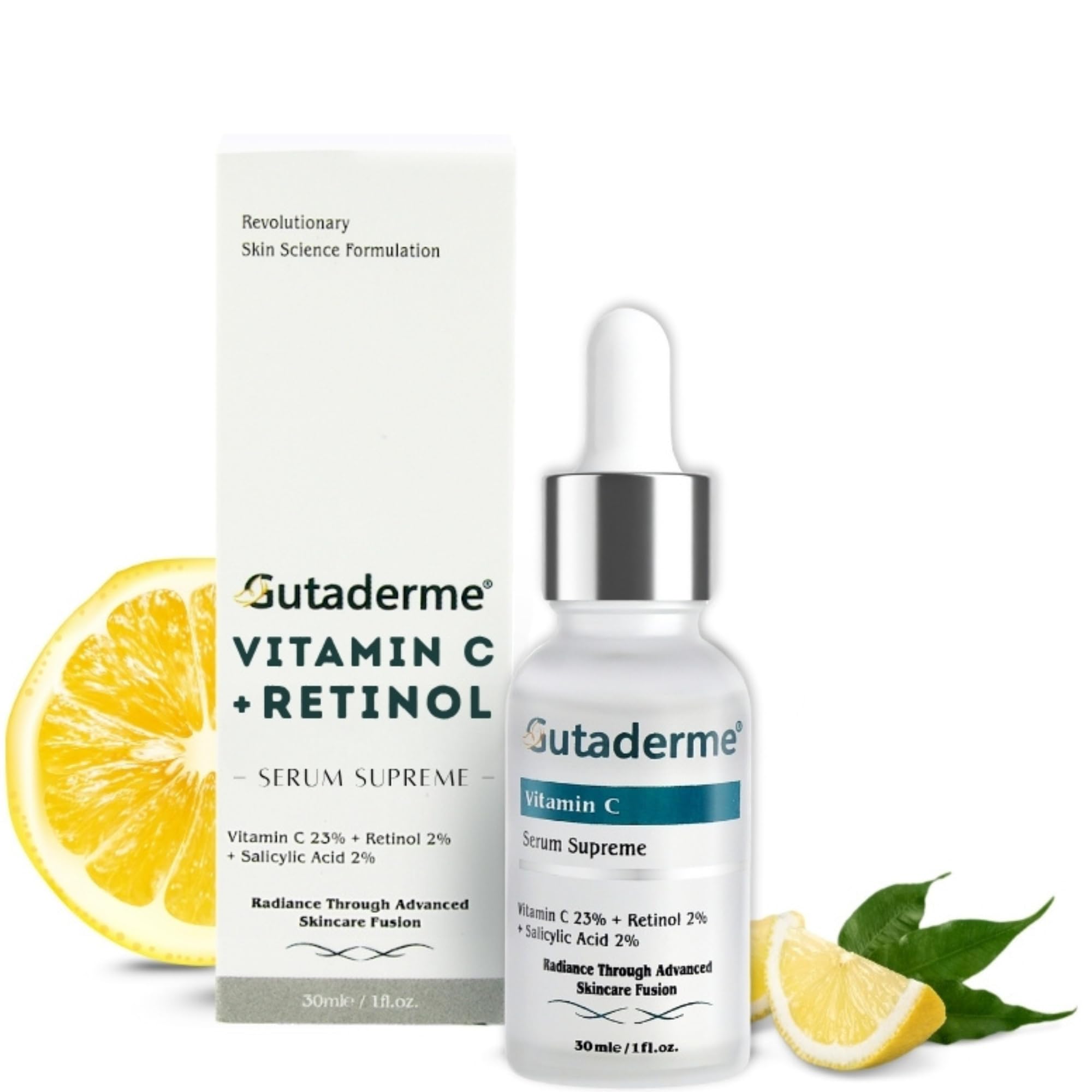 Gutaderme Vitamin C Serum bottle with dropper promises brightening and even skin tone.