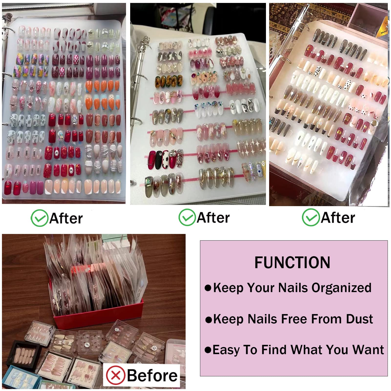 GUXACU nail organizer with included tape and adhesive strips for secure display.