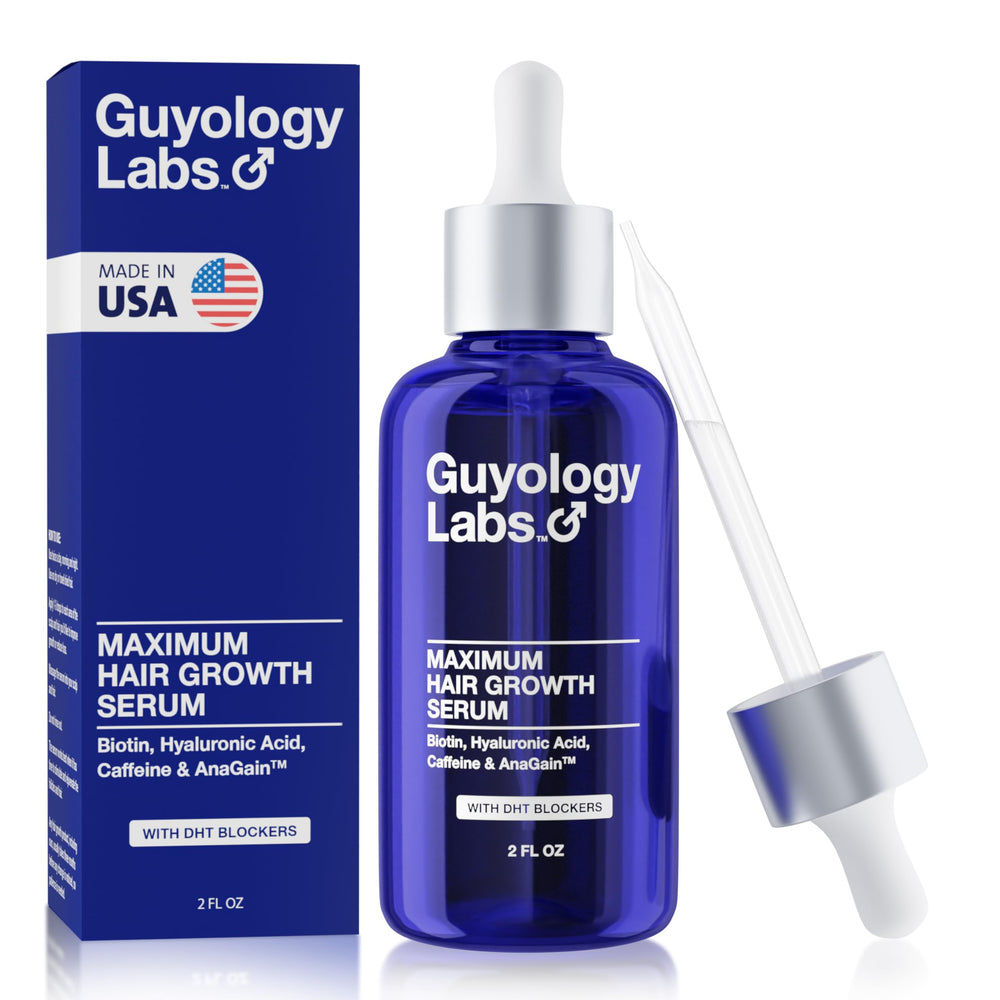Guyology Labs Biotin Hair Growth Serum bottle on a clean surface, promoting fuller hair.
