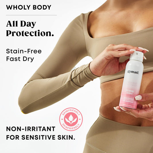 Gymati deodorant spray, side view, all-day protection for active lifestyle.