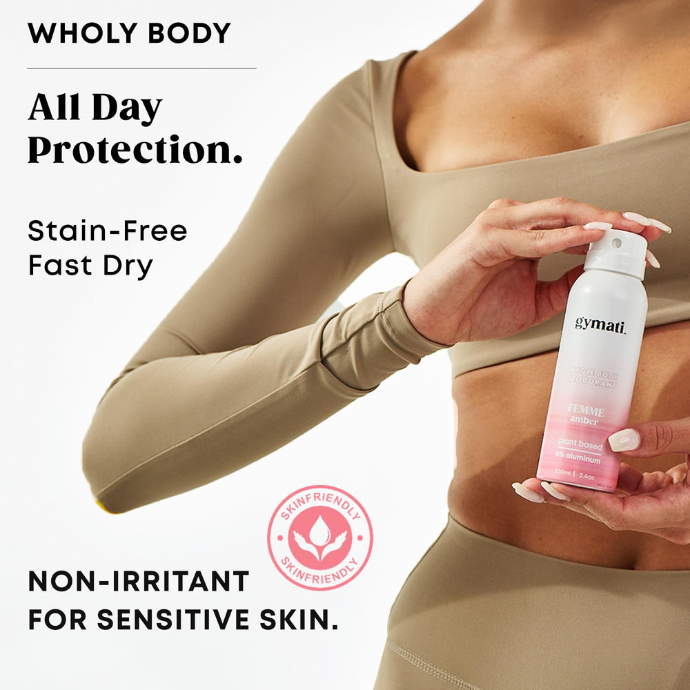 Gymati ingredients with aloe and zinc emphasize skin-friendly odor control.