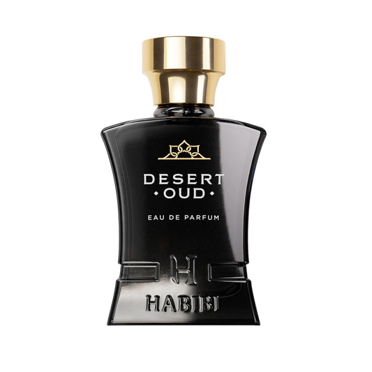 H HABIBI Desert Oud bottle on display for a bold masculine scent