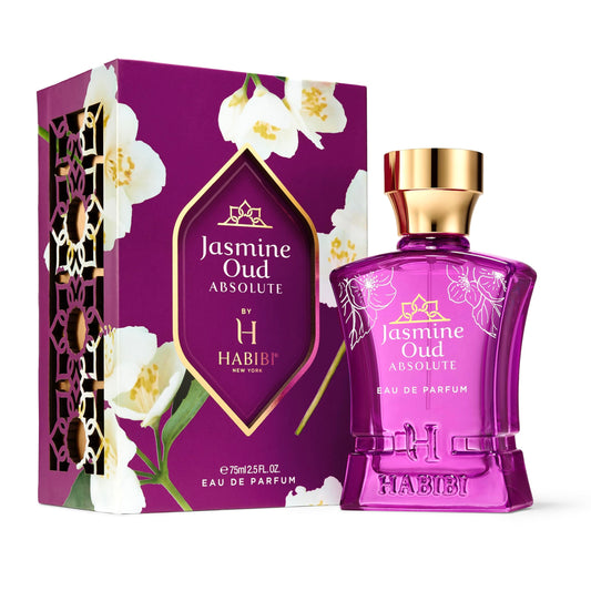 H HABIBI Jasmine Oud Absolute bottle front highlights luxury fragrance for special occasions.