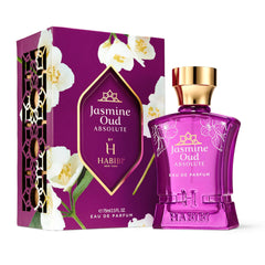 H HABIBI Jasmine Oud Absolute bottle front highlights luxury fragrance for special occasions.