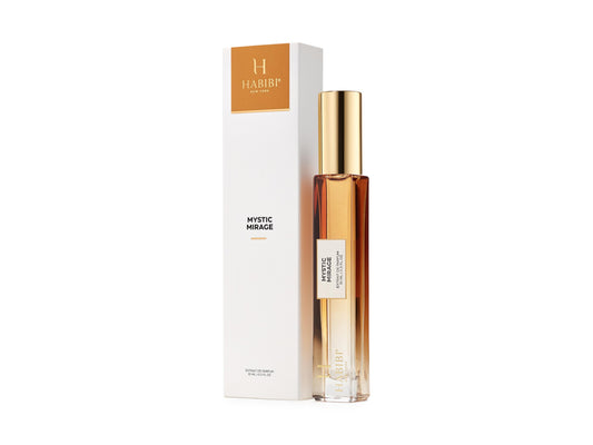 H HABIBI Mystic Mirage leather case protects travel perfume.