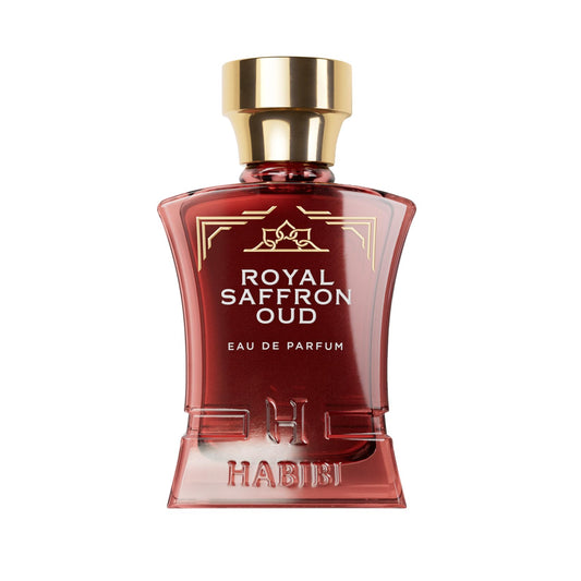 H HABIBI Royal Saffron Oud bottle front view showing lasting fragrance