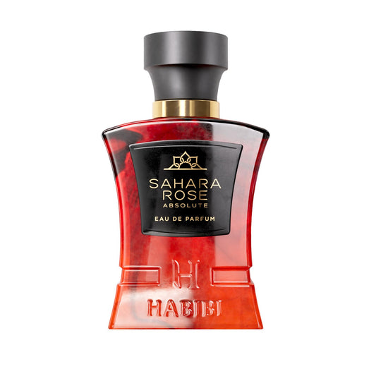 H HABIBI Sahara Rose bottle closeup shows premium design and lasting scent.